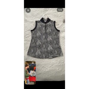 IBKUL Sleeveless Golf Polo Shirt Women's Small Black White Print Zip Neck